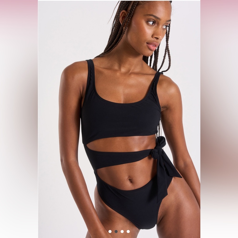 $175 Banana Moon one piece bikini swimsuit S black asymmetrical sports bra top